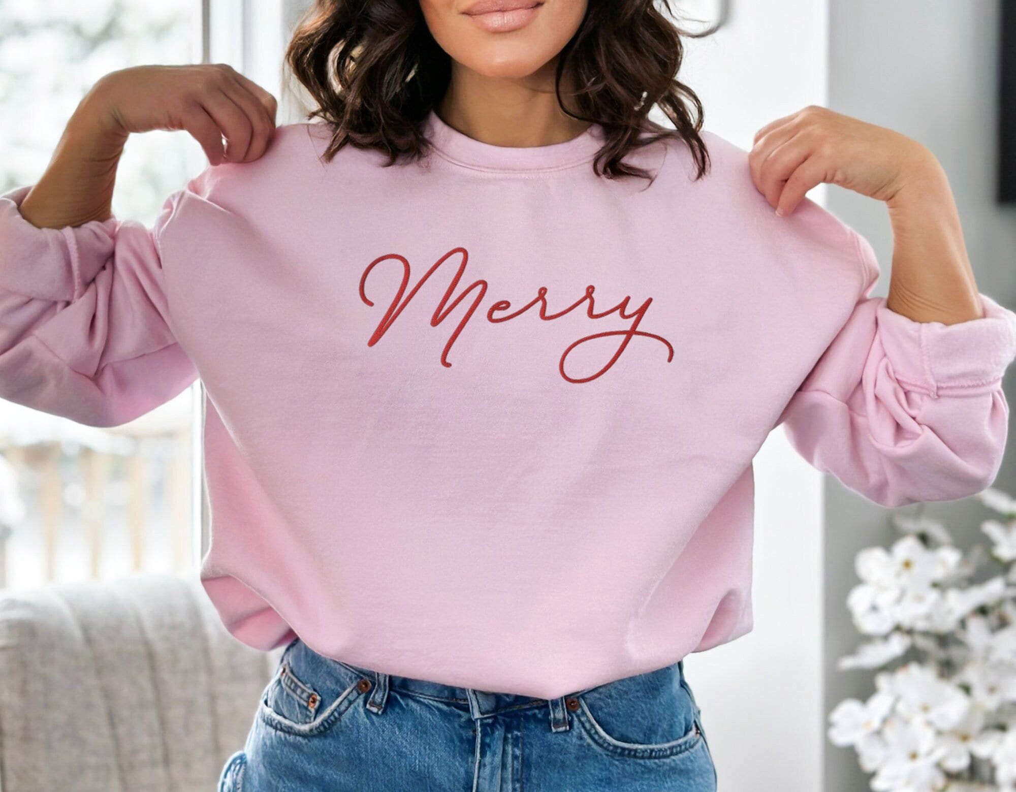 Embroidered Merry Crewneck Sweatshirt – Cute Minimalistic Soft Comfy Christmas Sweater