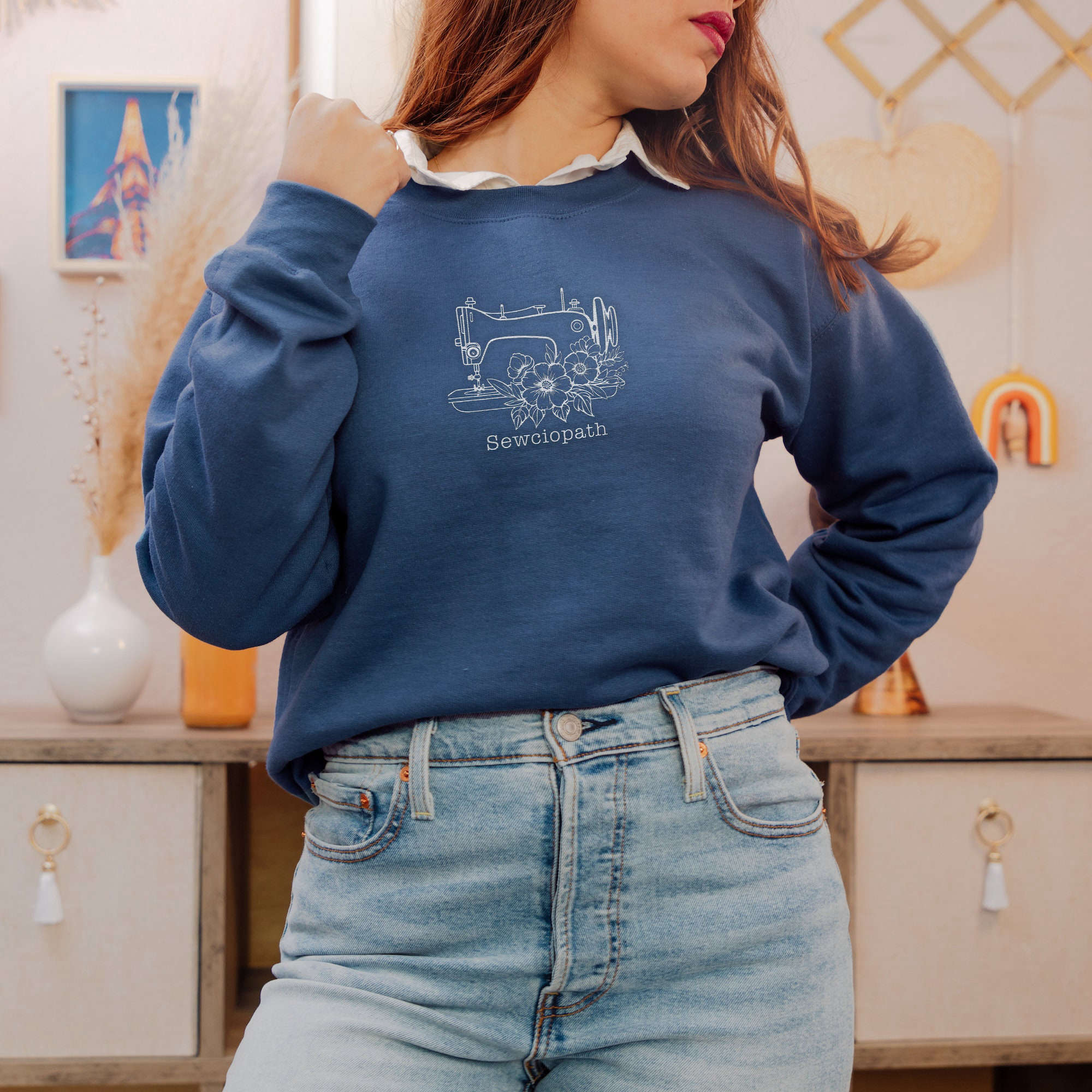 Embroidered Sewciopath Floral Crewneck Sweatshirt: Cute Funny Sewing Lover Gift