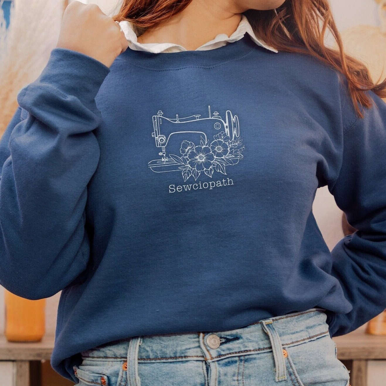 Embroidered Sewciopath Floral Crewneck Sweatshirt: Cute Funny Sewing Lover Gift