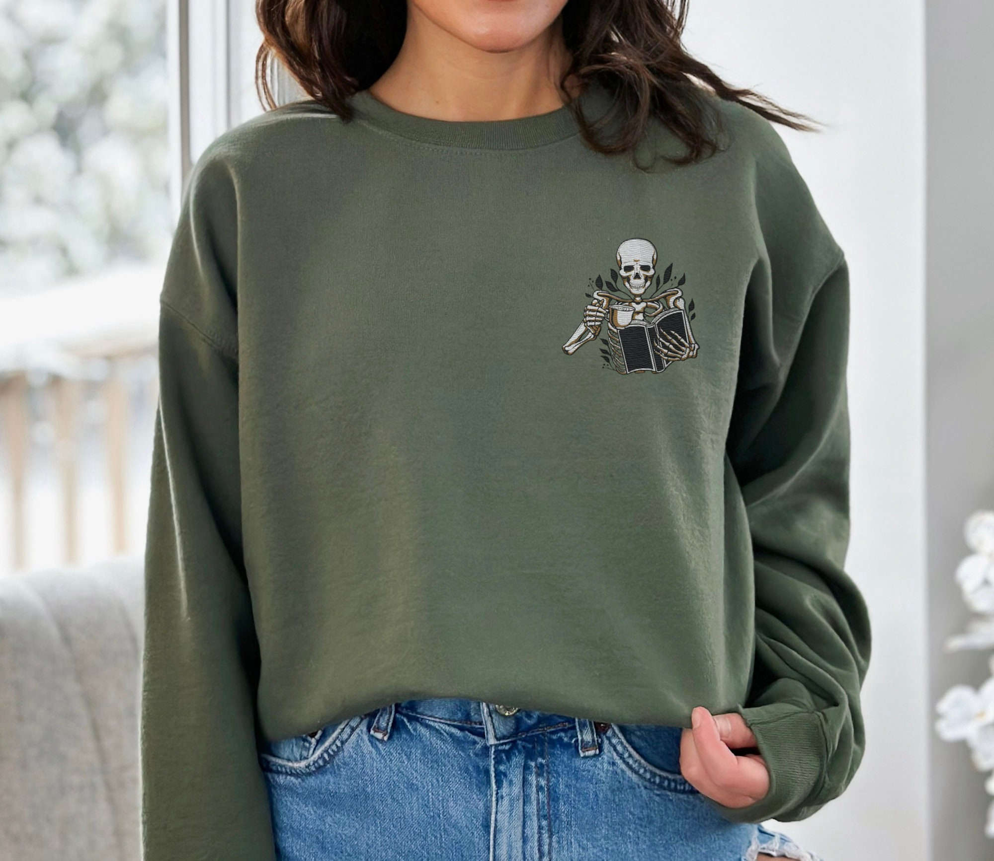 Cute Embroidered Skeleton Reading Sweatshirt – Perfect for Coffee Book Lovers