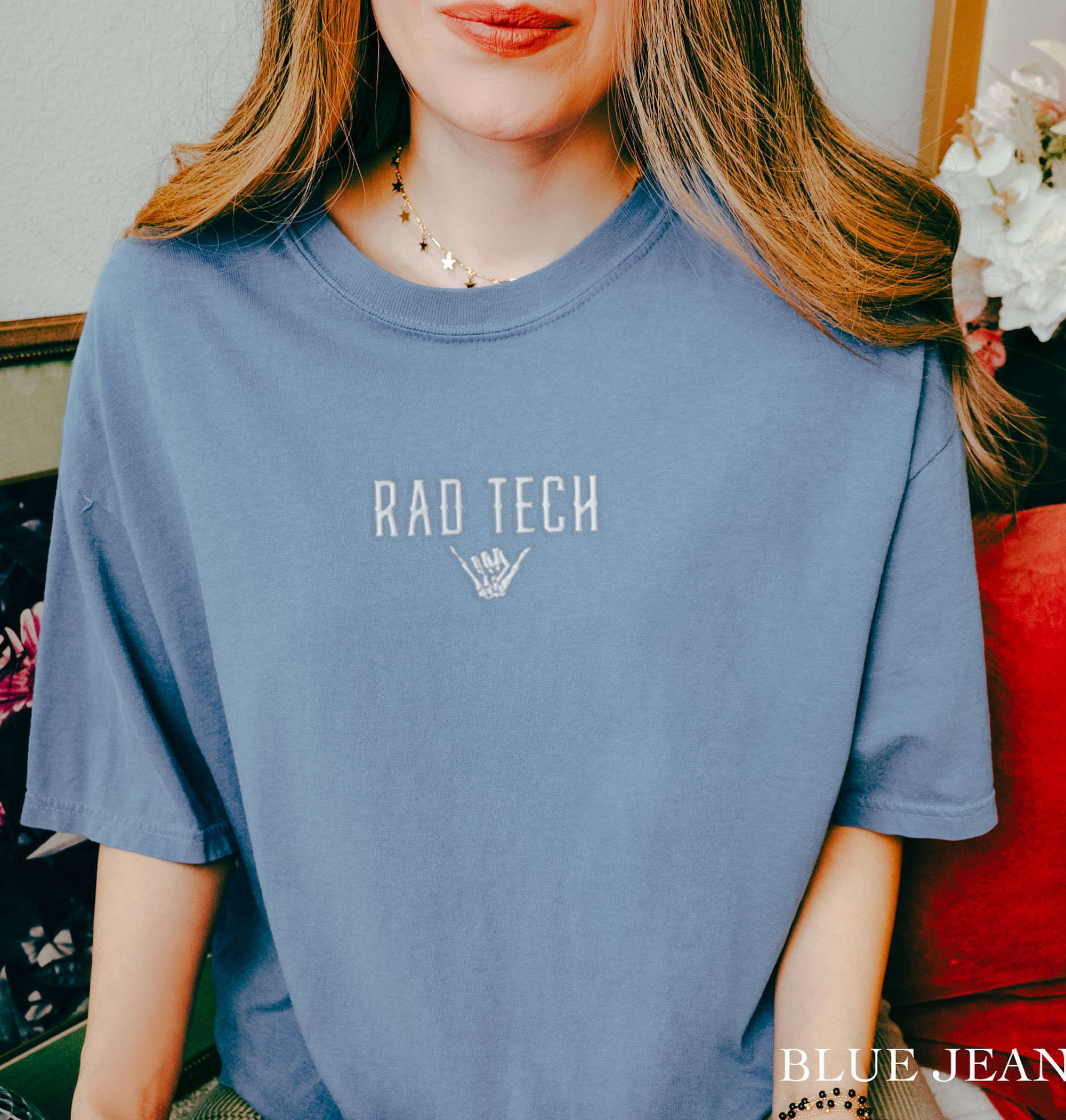 Rad Tech Embroidered Comfort Colors Shirt – Unisex Radiology Technologist Tee Skeleton Hand Xray Technician Gift