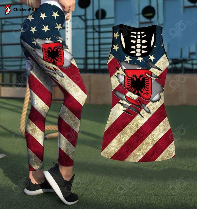 Sport Gift – Albania Coat Of Arms & USA Flag Hollow Tank Top or Legging