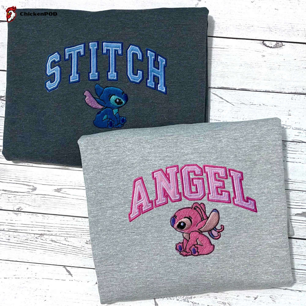 Stitch Angel Couple Sweater: Trending Cartoon Embroidered Sweatshirt Vintage Crewneck & Hoodie