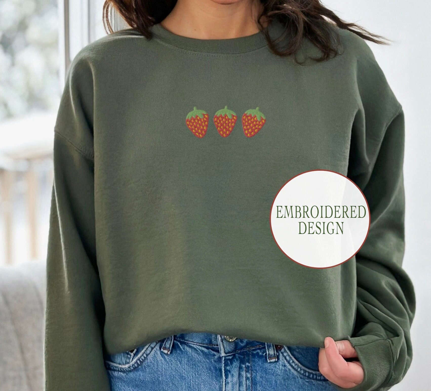 Cute Strawberry Embroidered Sweatshirt – Minimalistic Fruit Crewneck