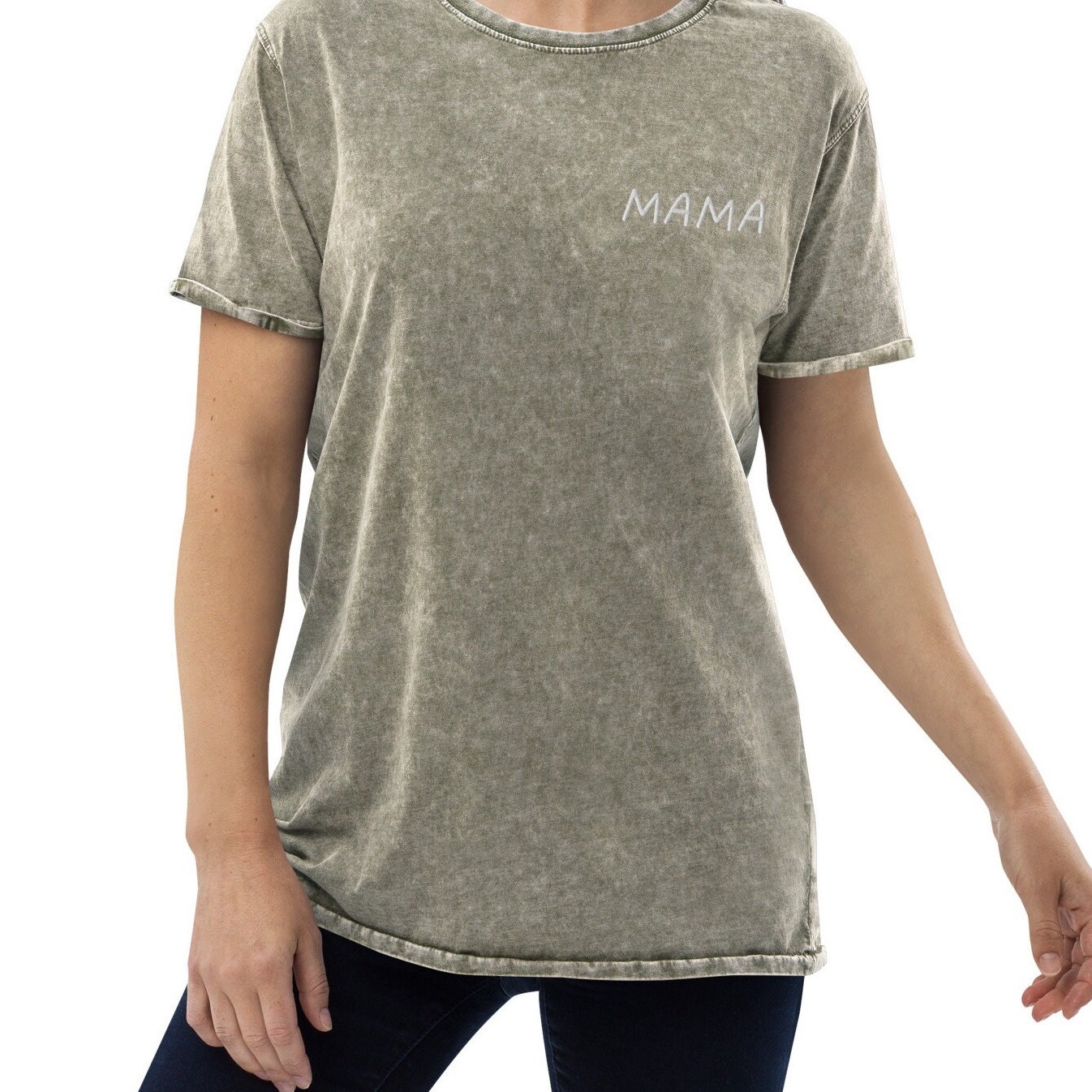 Stylish MAMA Denim T-Shirt Sweatshirt & Embroidery Tee – Trendy Army Green & More!