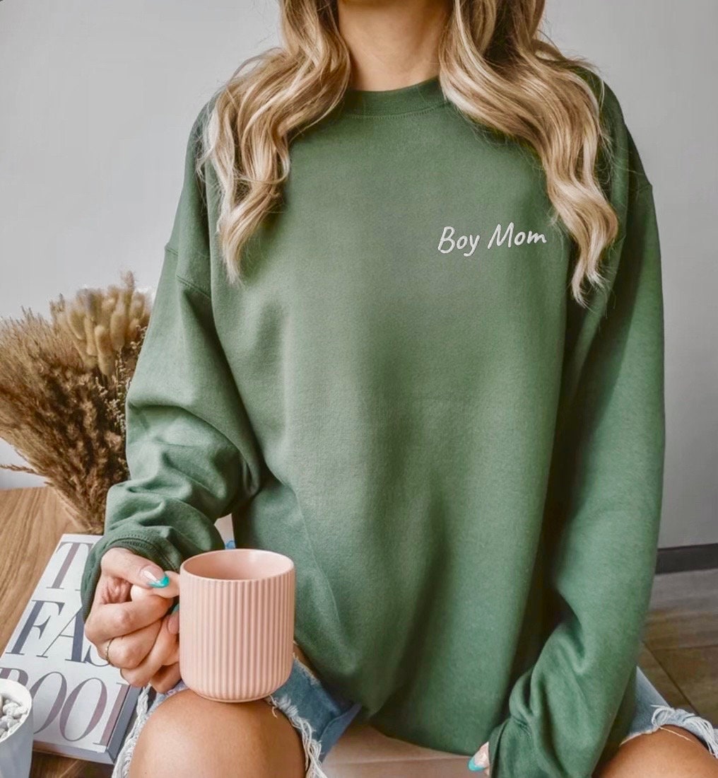 Green Mama Boy Mom Sweatshirt: Embroidered Detailing Military Green Son and Mom Sweatshirt