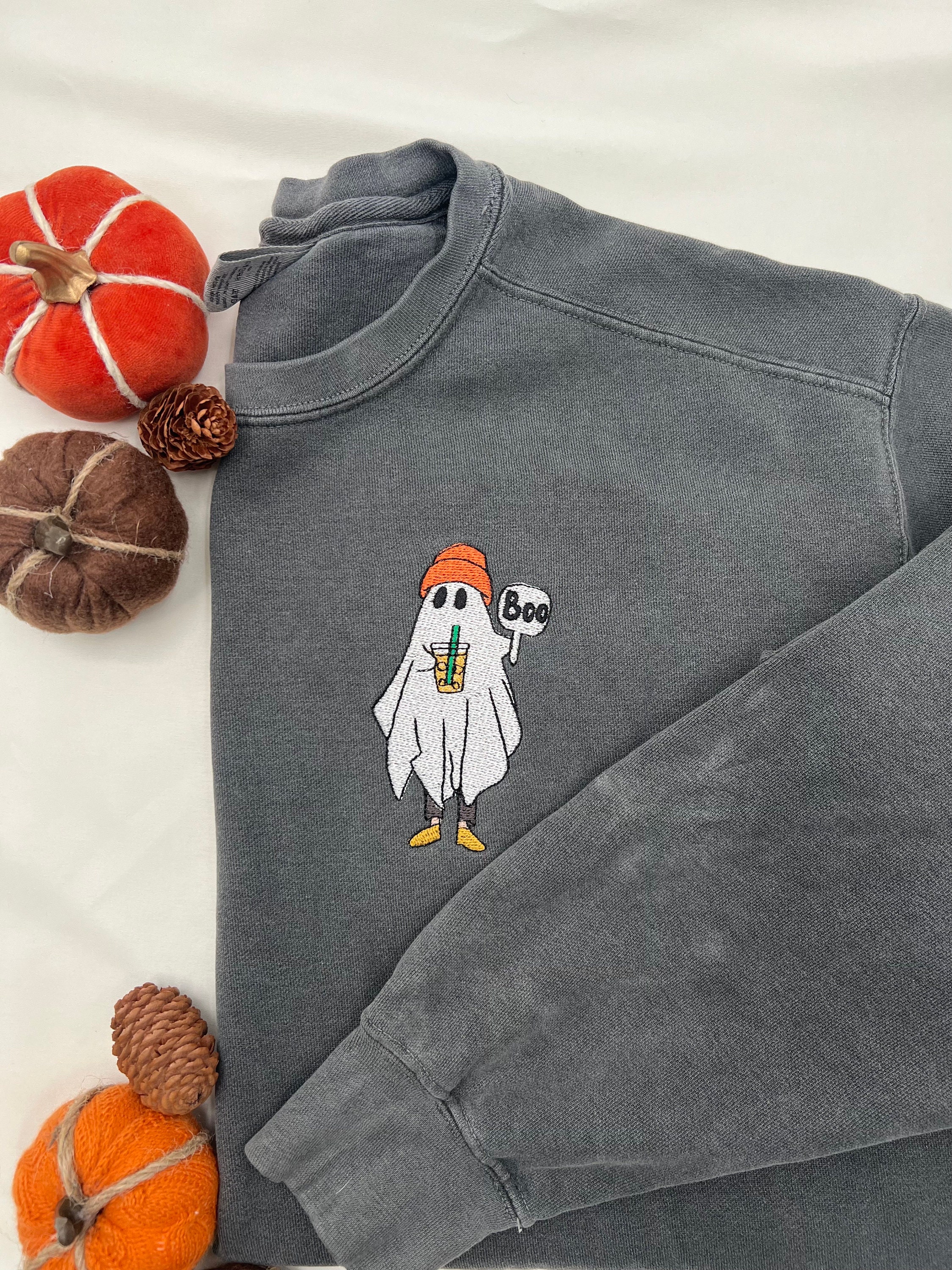 Spooky Season Ghost Sweatshirt: Embroidered Halloween Fall Sweater for Women Unisex Shirt