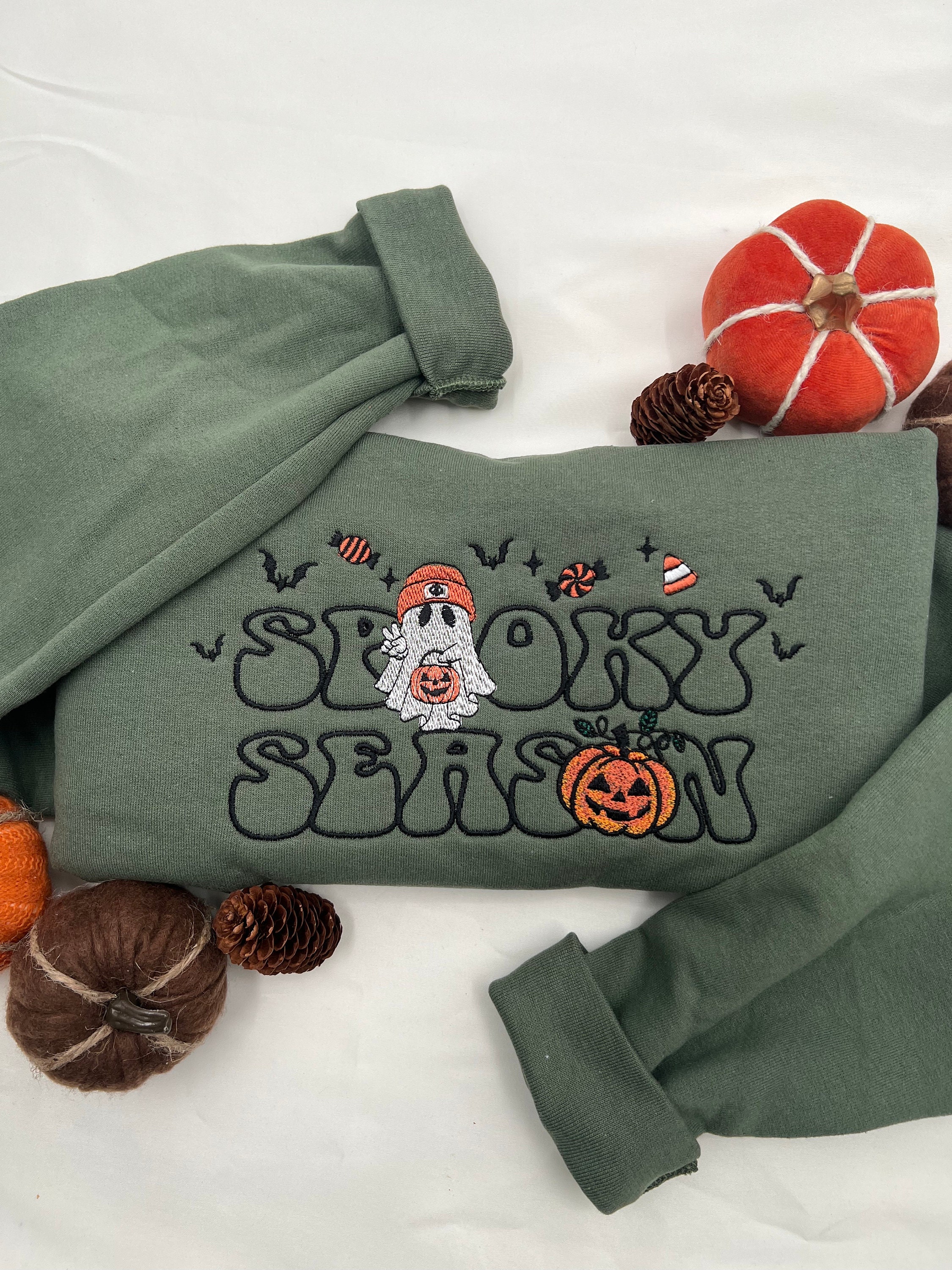 Spooky Season Embroidered Halloween Sweatshirt: Cute & Scary Fall Crewneck