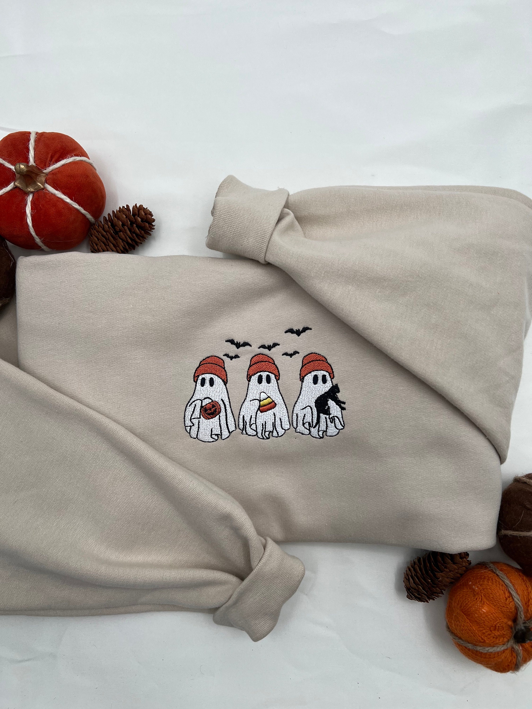 Spooky Season Embroidered Halloween Crewneck: Three Little Ghosts Sweatshirt