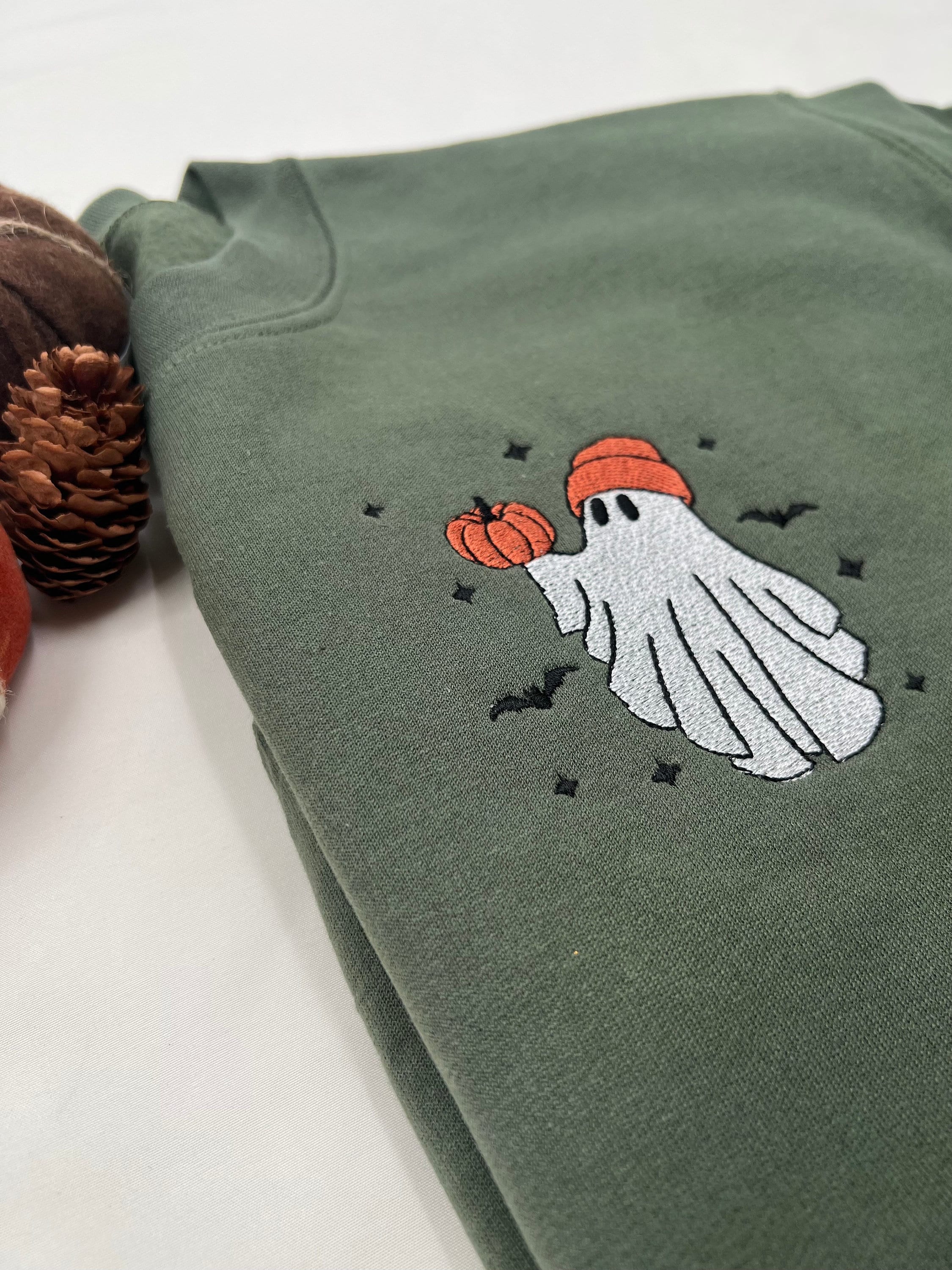 Spooktacular Embroidered Pumpkin Ghost Sweatshirt – Halloween Jack-o-Lantern Fall Crewneck