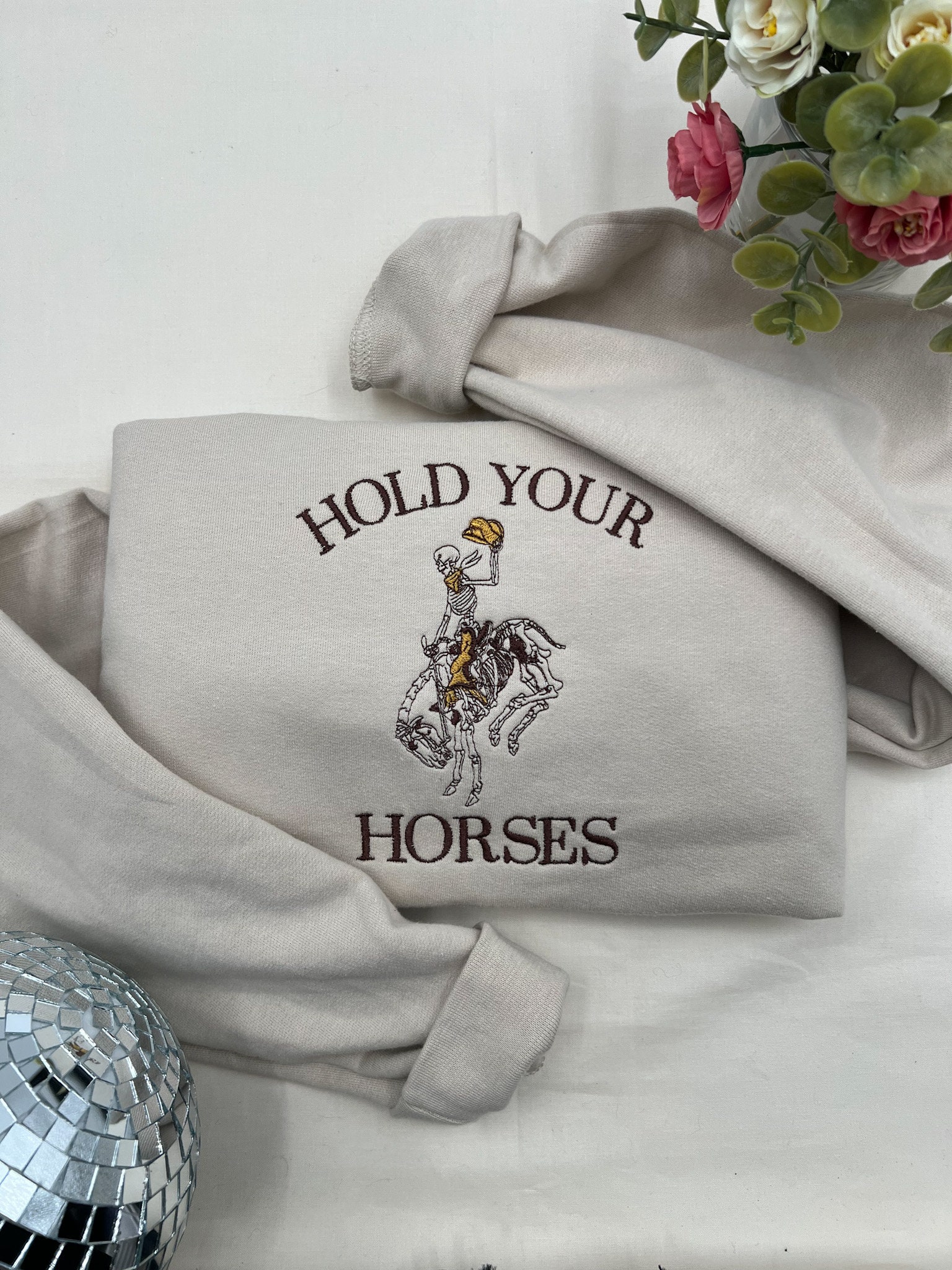 Western Hold Your Horses Skeleton Sweatshirt – Cowboy & Cowgirl Rodeo Embroidered Crewneck