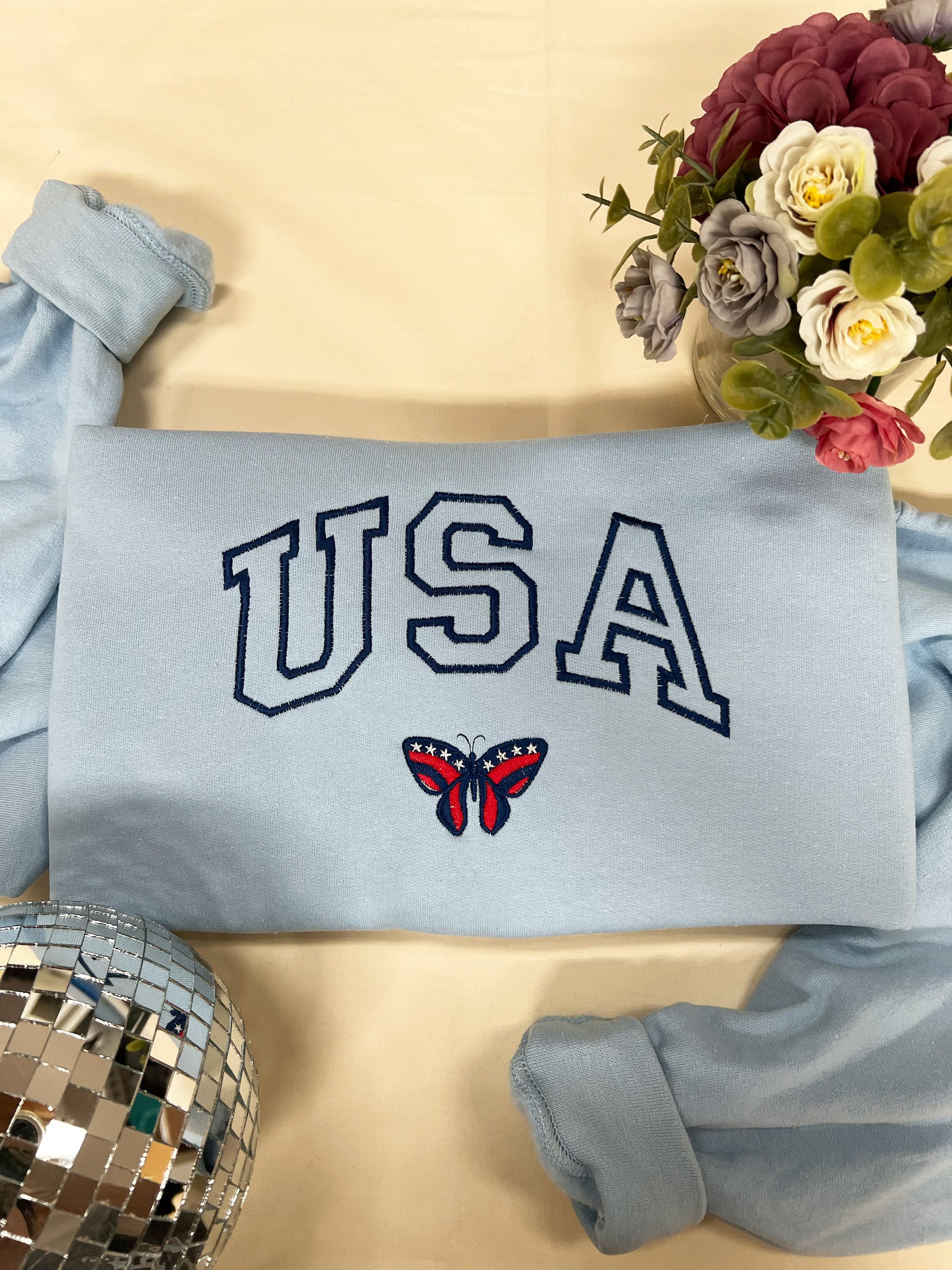 Embroidered USA Butterfly Sweatshirt Patriotic Independence Day America Flag Sweatshirt