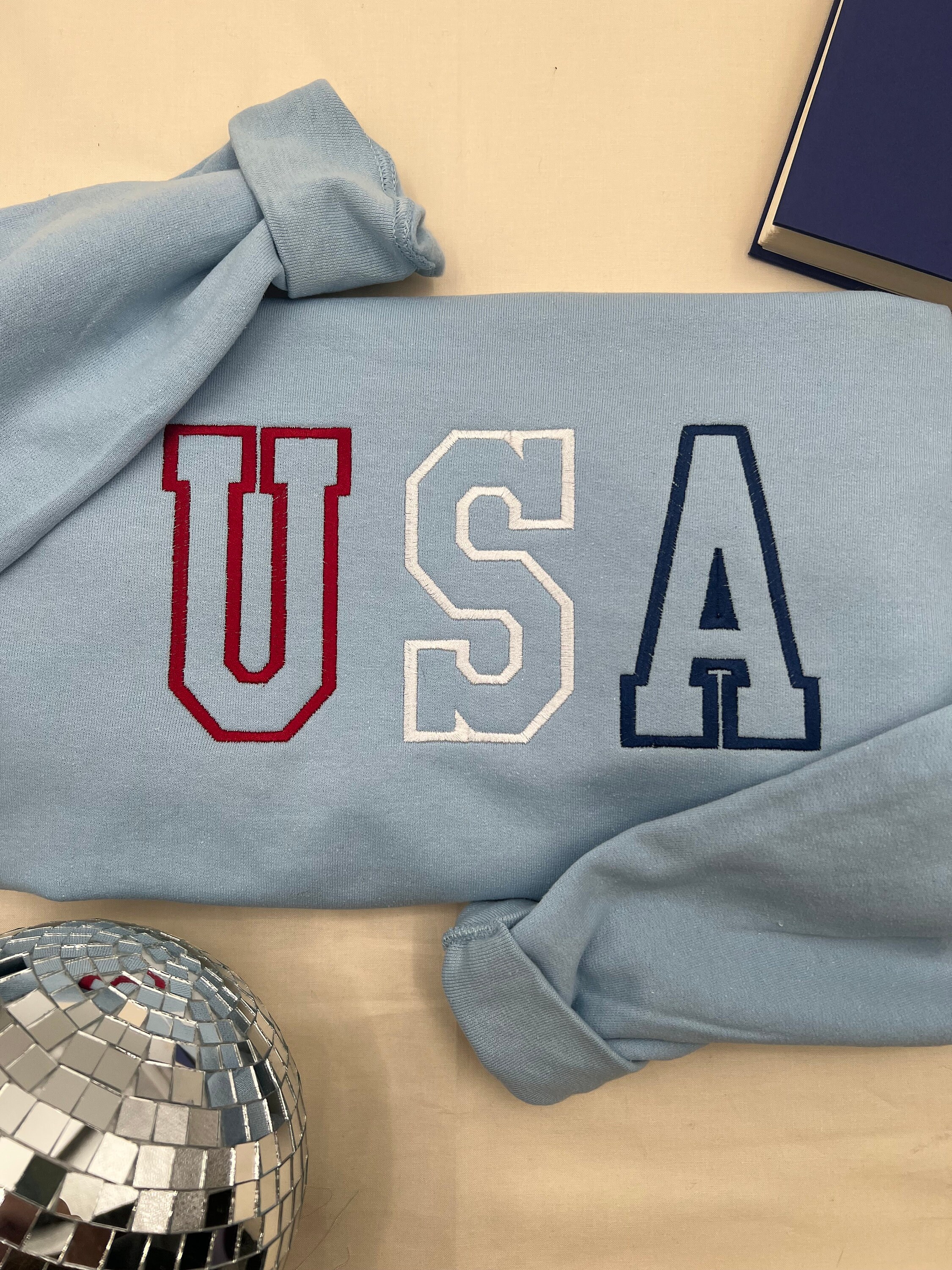 Embroidered USA Sweatshirt Patriotic Fourth Of July Crewneck