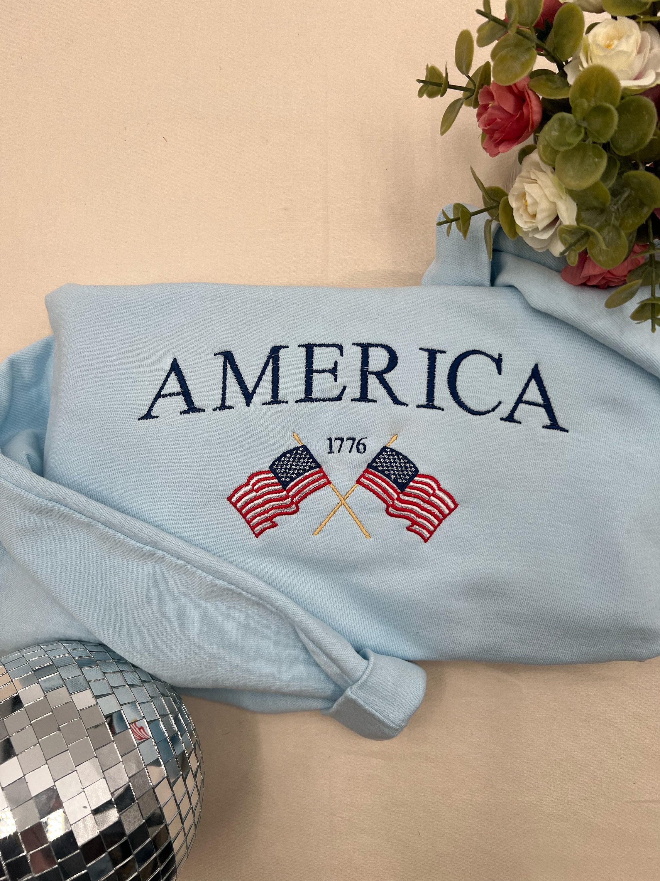 Embroidered America Sweatshirt Fourth Of July Patriotic Crew USA Flag Shirt