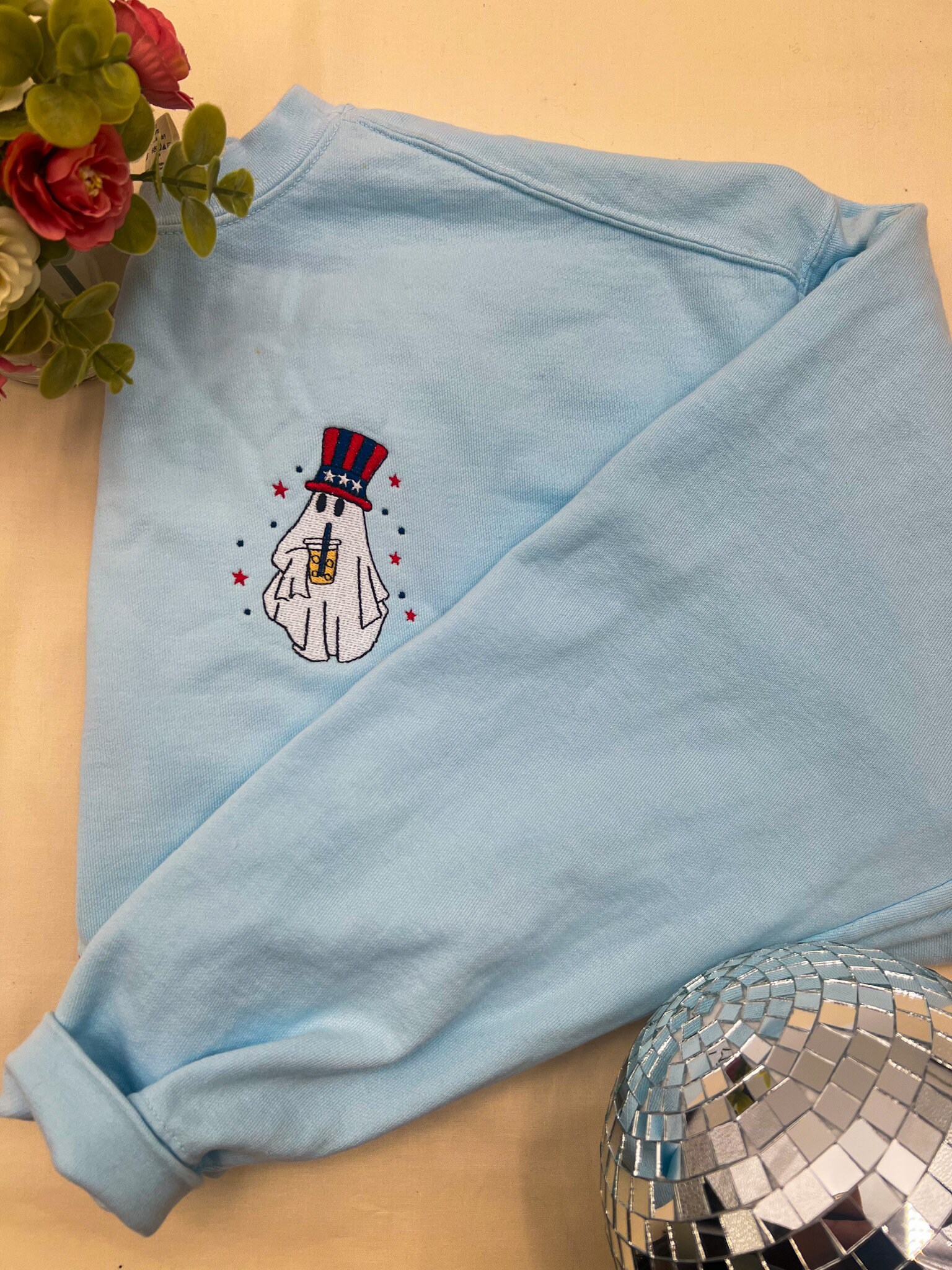 Embroidered Patriotic Ghost Sweatshirt USA Crewneck: 4th of July Sweater