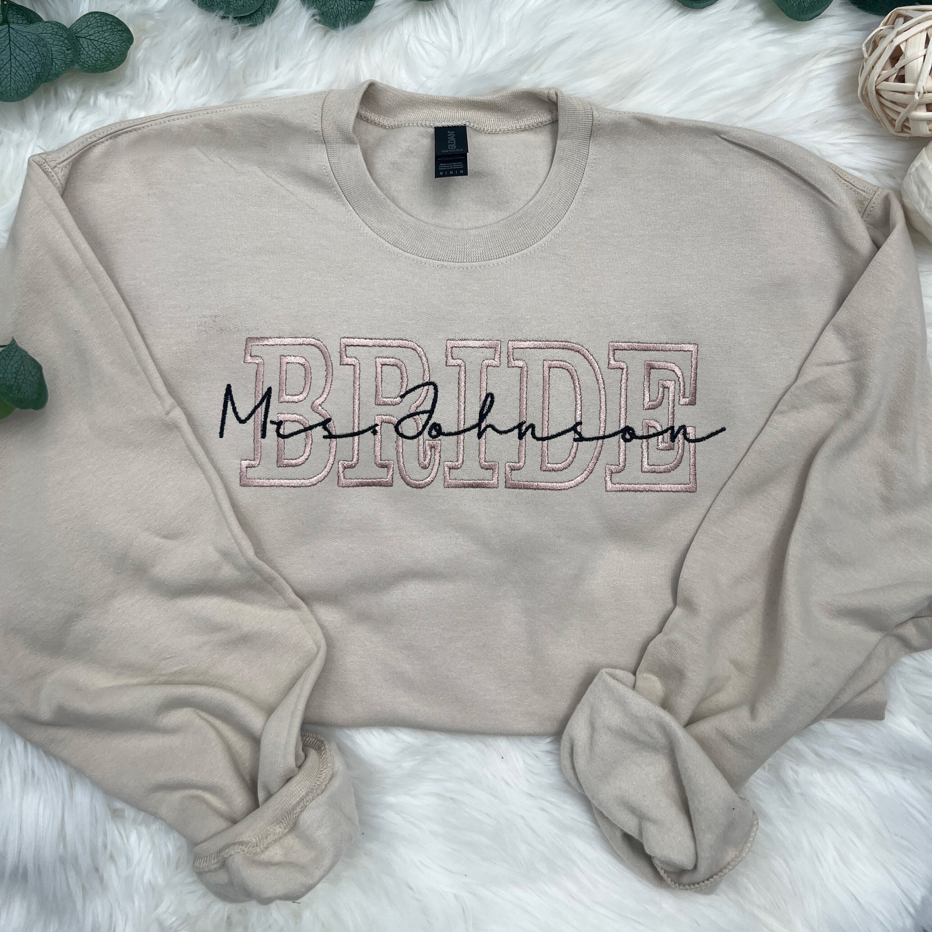 Custom Embroidered Bride Last Name & Engagement Sweatshirt – Personalized Wifey Mrs