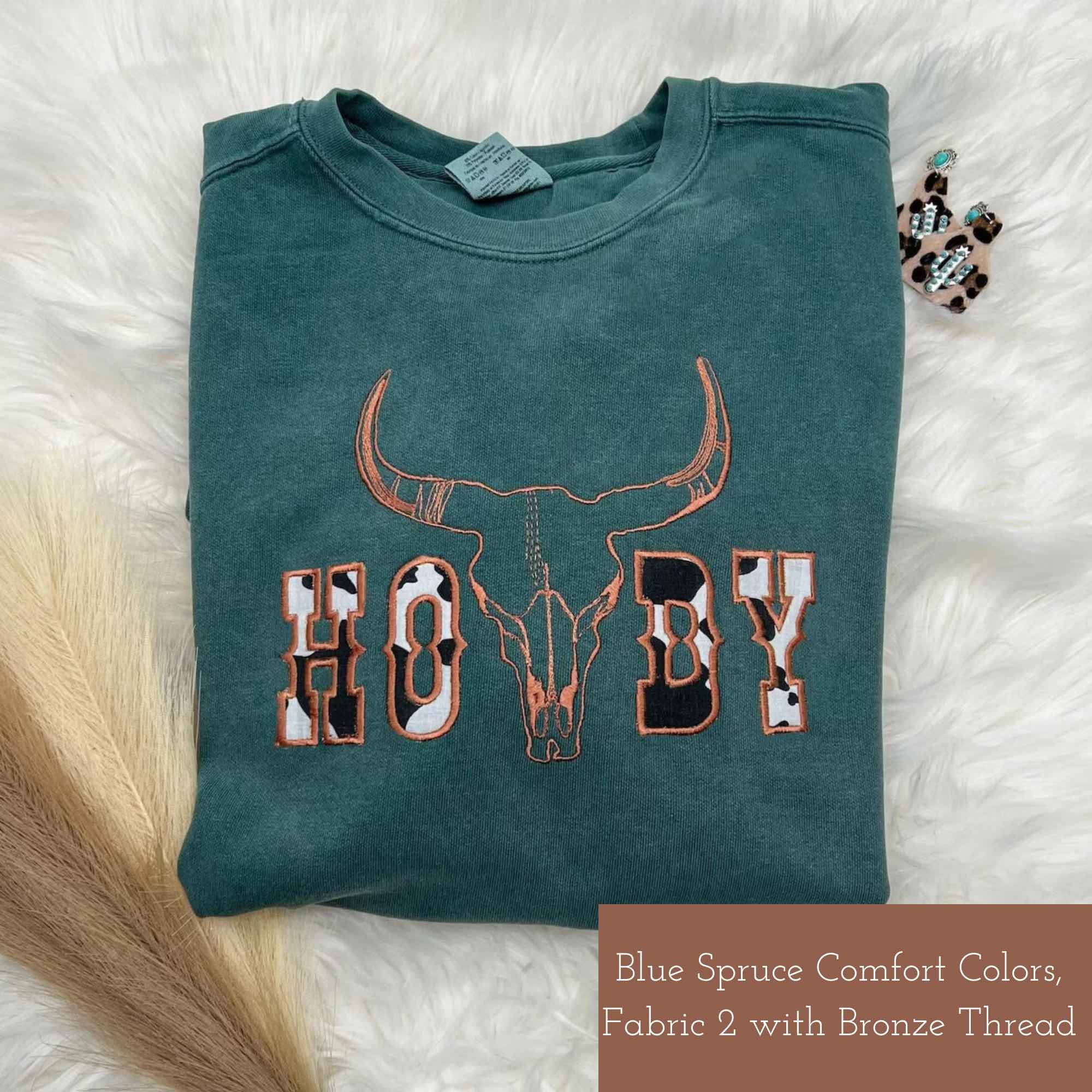 Western Graphic Crewneck Sweatshirt: Embroidered Comfort Colors® or Gildan Howdy Skull Boho Cow Skull Wild West & Cowgirl Style