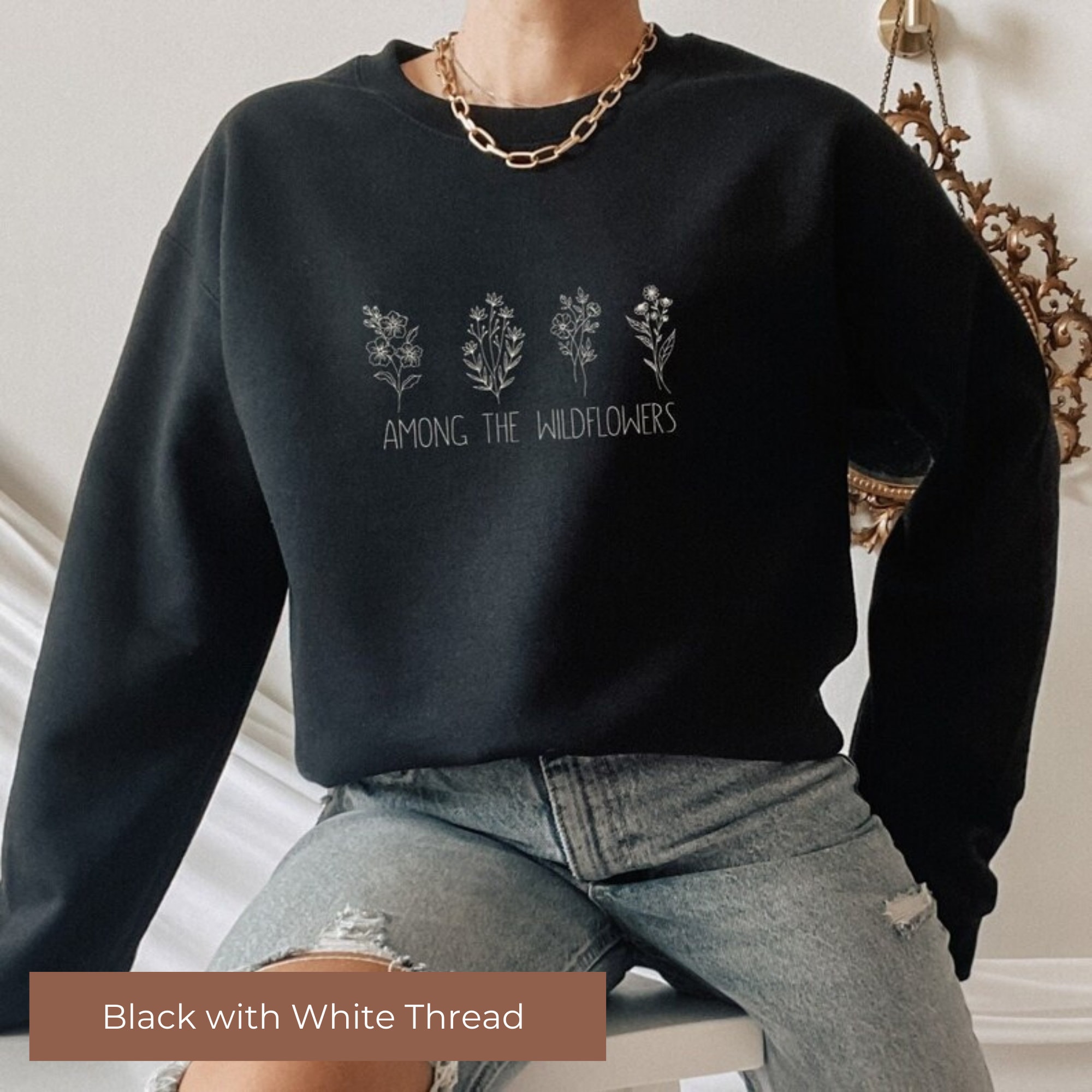 Wildflower Embroidered Sweatshirt: Minimalistic Flower Crew