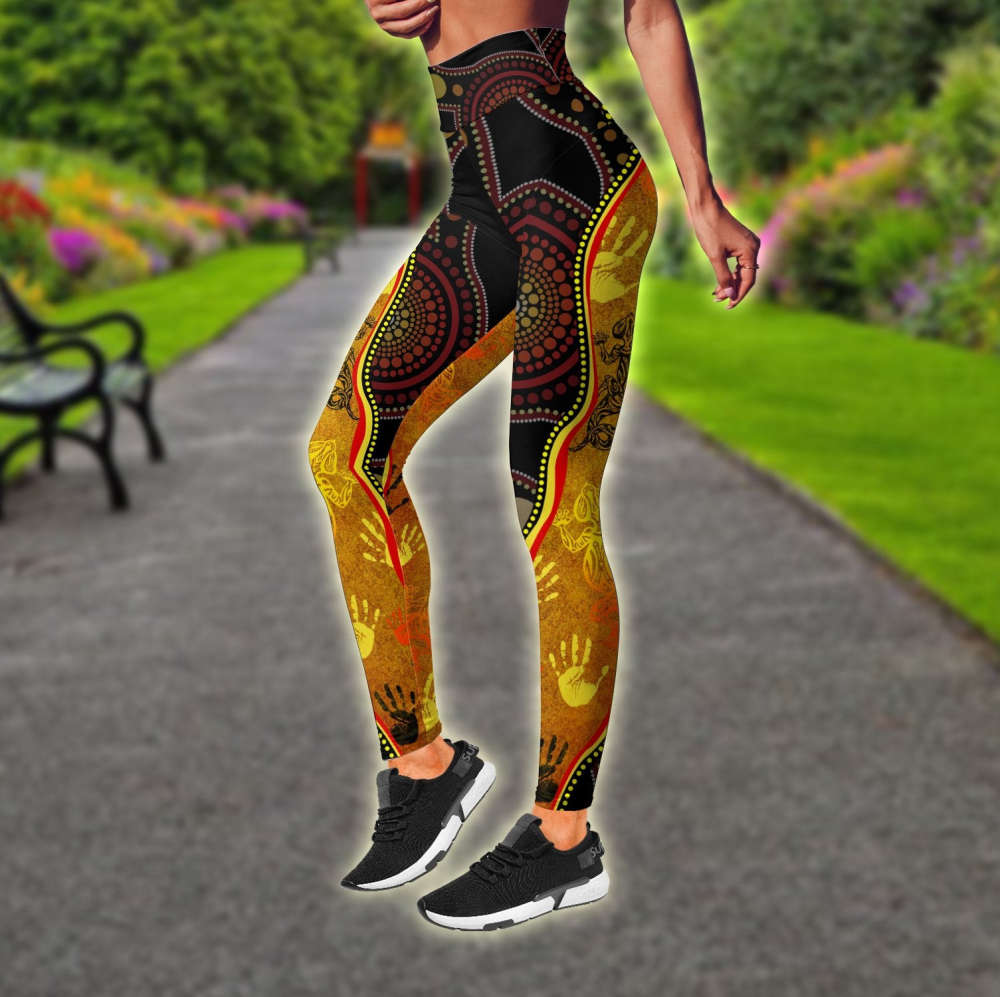 Aboriginal Australia Rock Painting Hand Lizard Art Golden Style Combo (Legging+Tank)