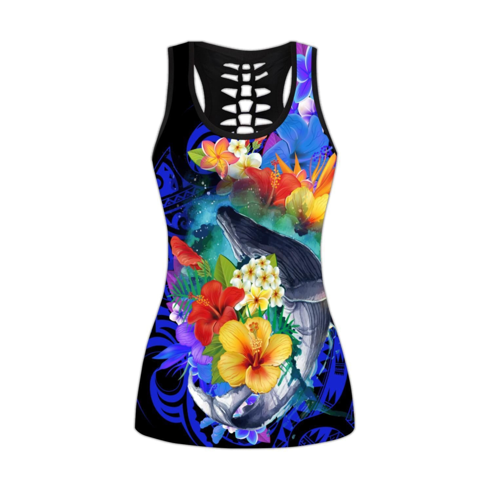 Amazing Kanaka Maoli Humpback Whale with Tropical Flowers Legging & Tank top For Women Sport Gifts ML