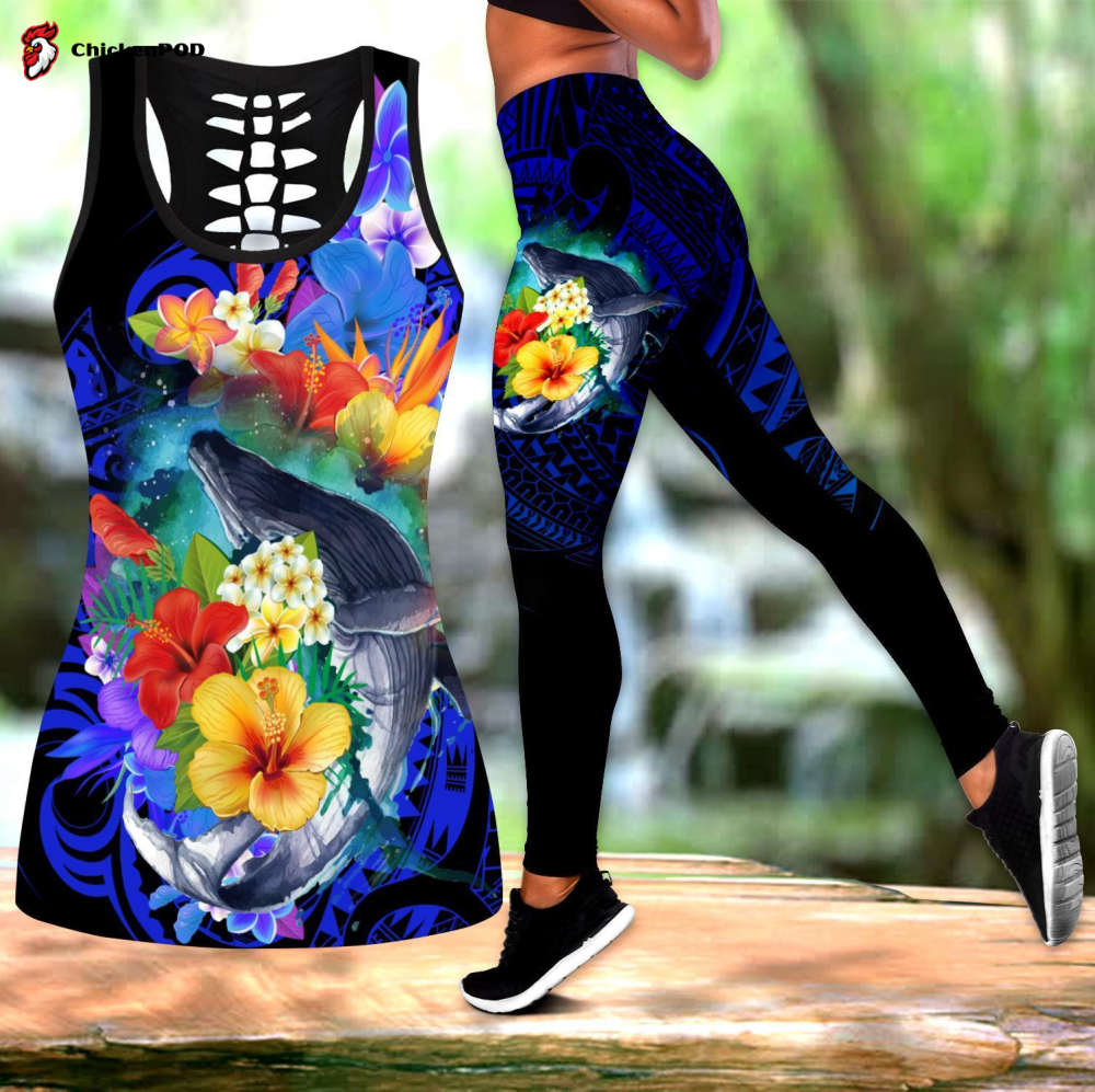 Amazing Kanaka Maoli Humpback Whale with Tropical Flowers Legging & Tank top For Women Sport Gifts ML