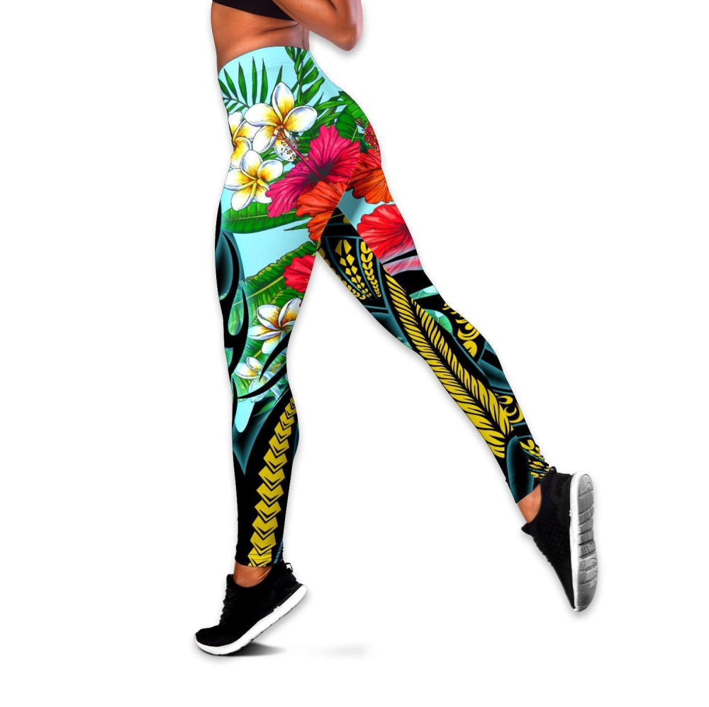 Amazing Polynesian Turquoise – Gold Tribal Pattern and Hisbiscus Plumeria Legging & Tank top-ML