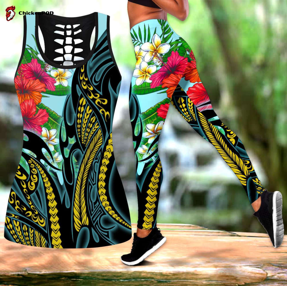 Amazing Polynesian Turquoise – Gold Tribal Pattern and Hisbiscus Plumeria Legging & Tank top-ML