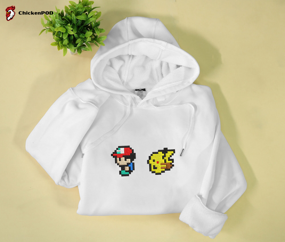 8-Bit Style Ash Pikachu Embroidered Hoodie – Perfect Gift for Christmas Birthday & Holidays