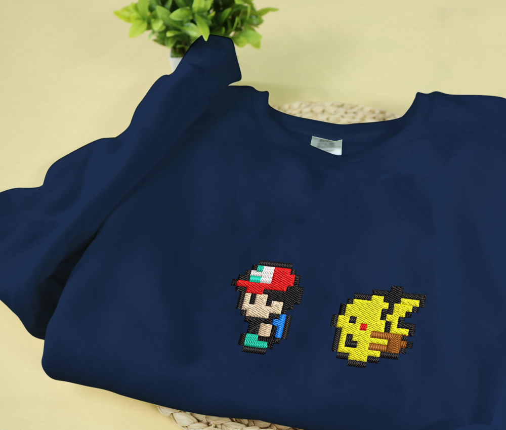 8 Bit Style Ash Pikachu Embroidered Sweatshirt – Perfect Christmas & Birthday Gift