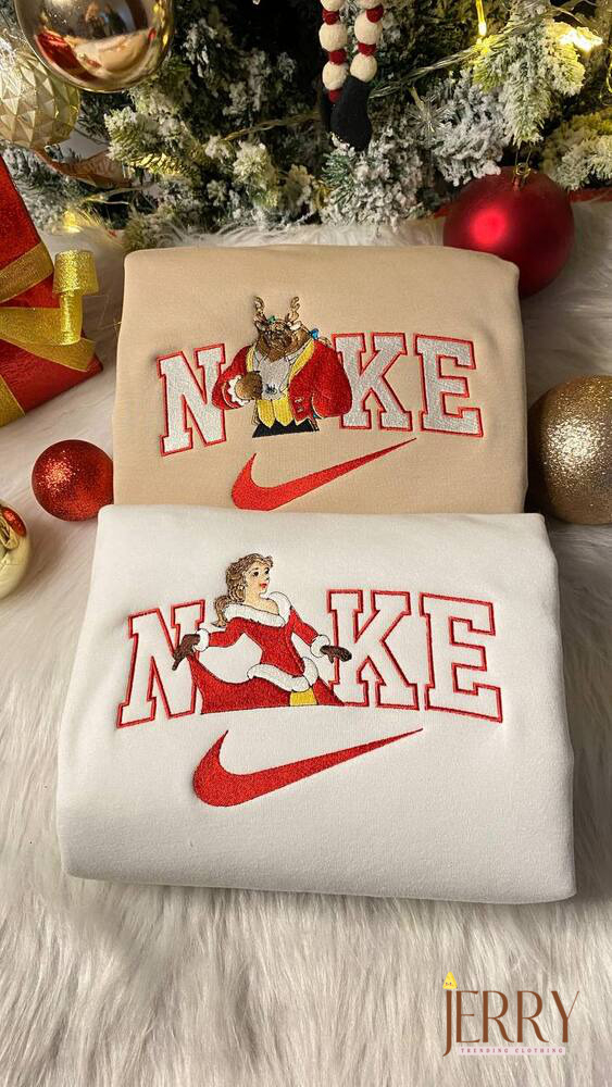 Beauty and the Beast Christmas Nike Embroidered Shirts – Perfect Xmas Gift for Couples