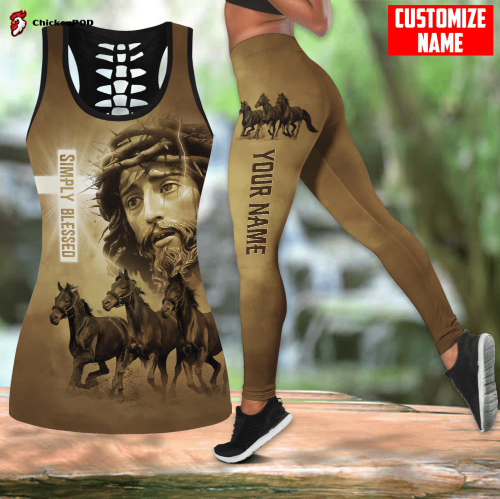 Beebuble Personalized Name Love Horses Simply Blessed Printed Combo Legging Tanktop