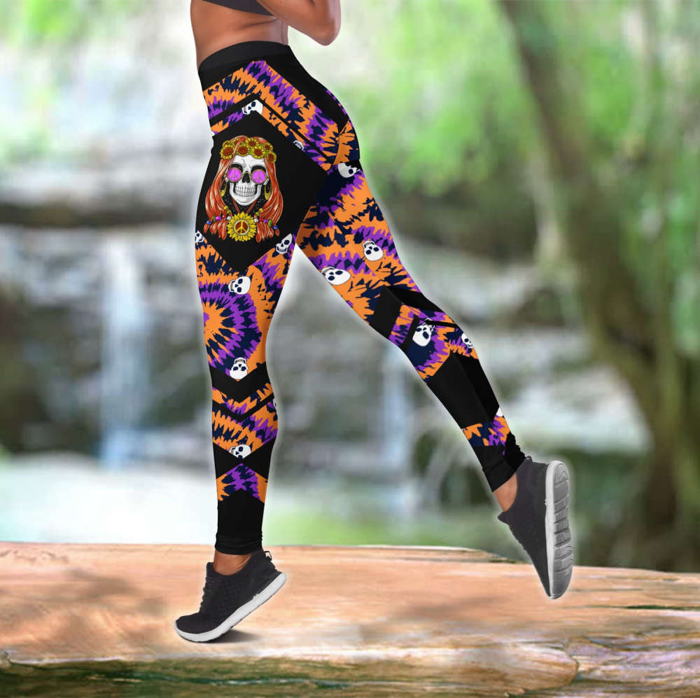 Beebuble Skull Hippie Girl With Sunflower Peace Sign 3D Printed Combo Legging Tanktop