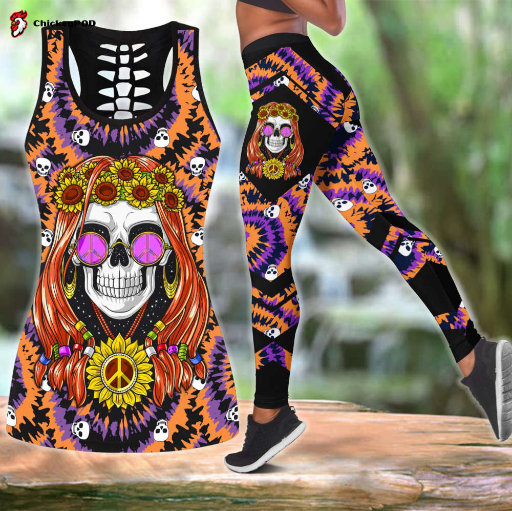 Beebuble Skull Hippie Girl With Sunflower Peace Sign 3D Printed Combo Legging Tanktop