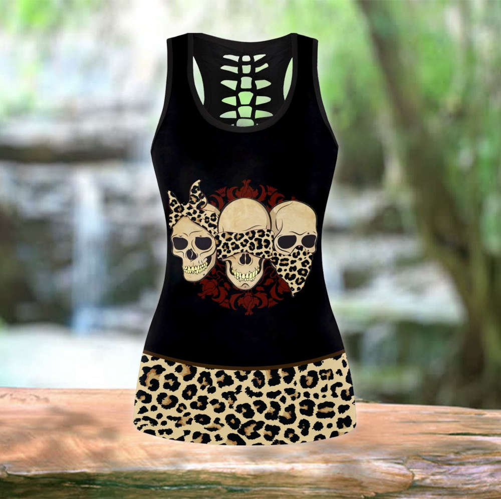 Beebuble Three Wise Skull Combo Hollow Tank Top And Legging Outfit TR