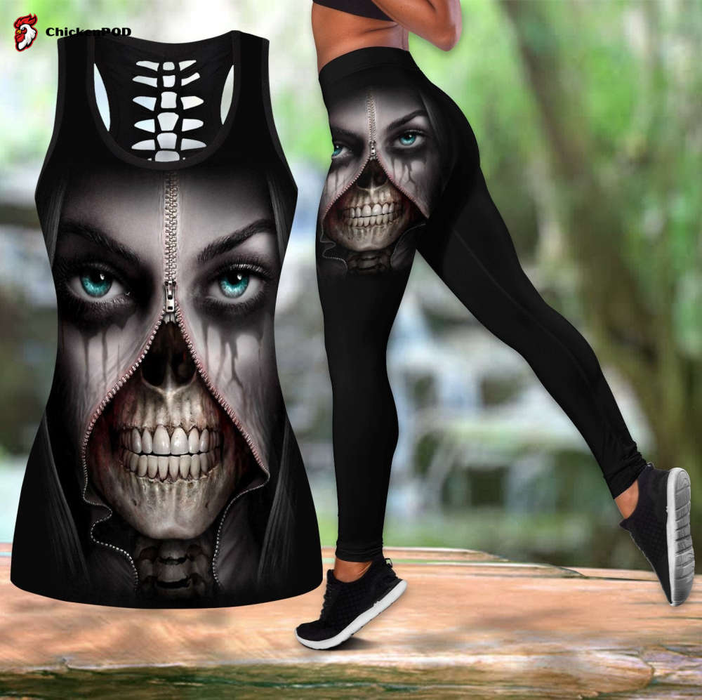 Beebuble True Face Skull Girl Combo Hollow Tank Top And Legging Outfit TNA