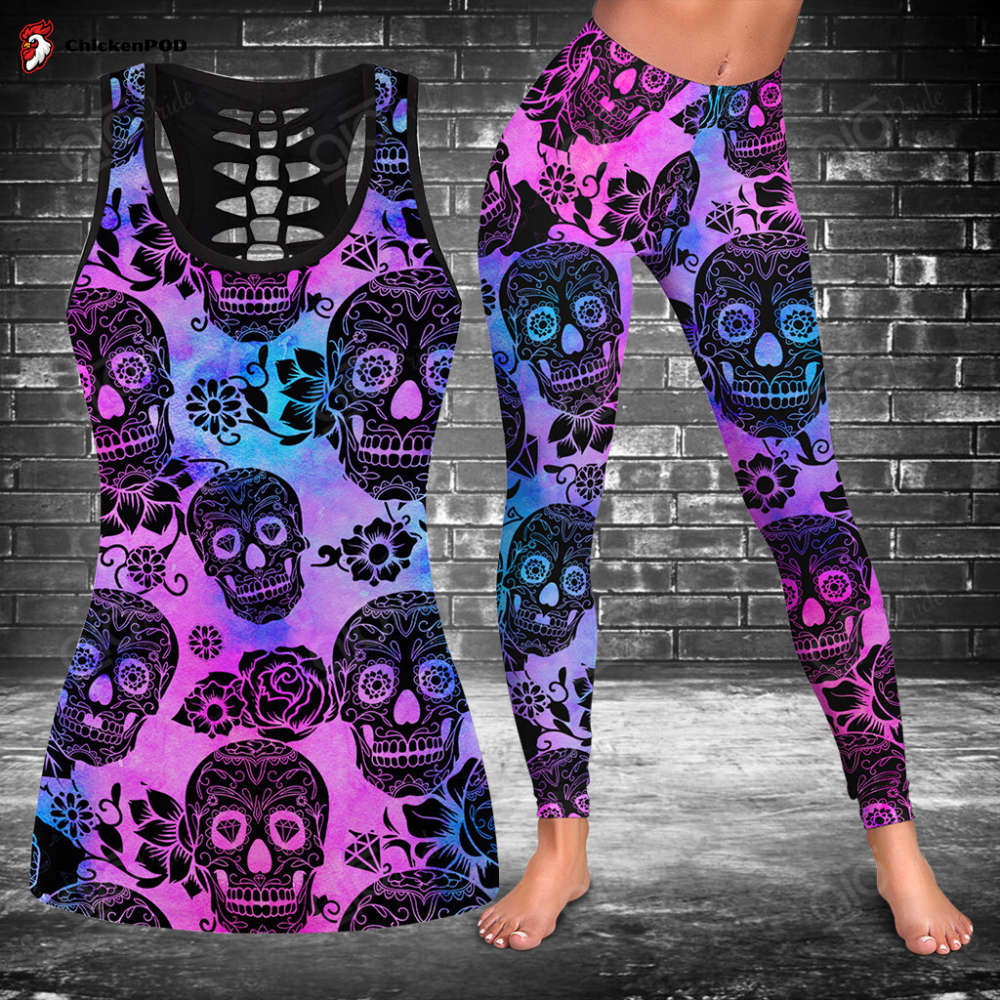 Black Sugar Skulls Colorful Hollow Tank Top Or Legging