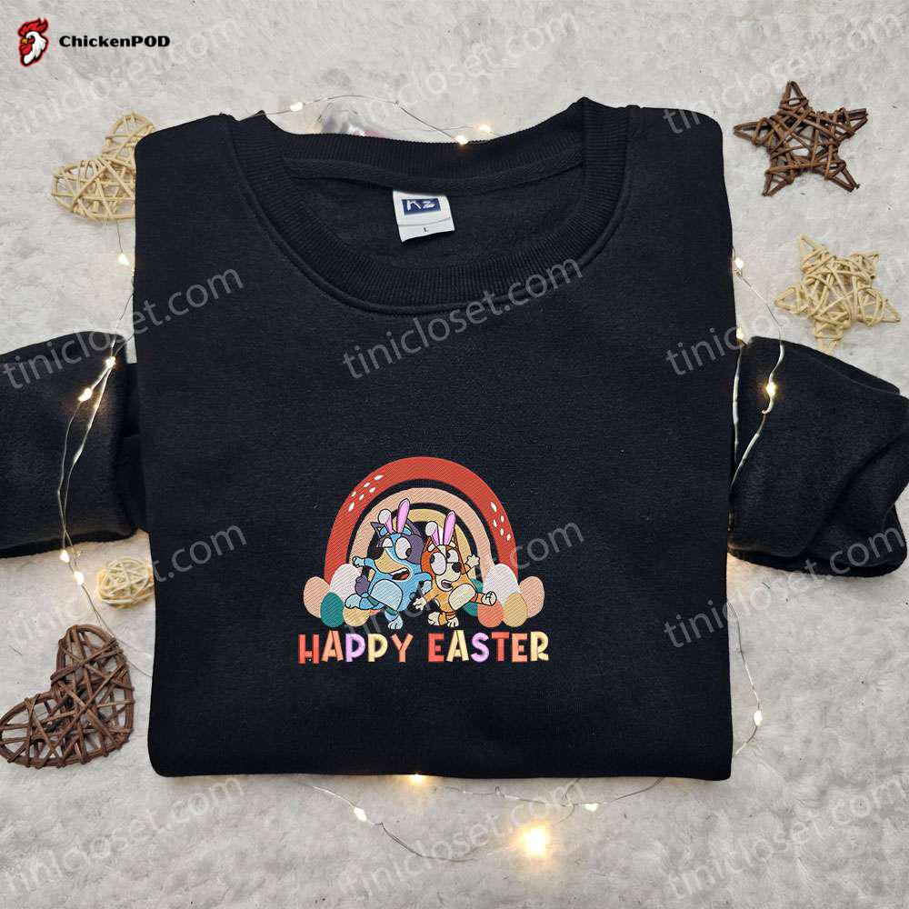 Colorful Bluey and Bingo Easter Shirt & Hoodie: Perfect Thanksgiving Gift Idea with Rainbow Cartoon Embroidery