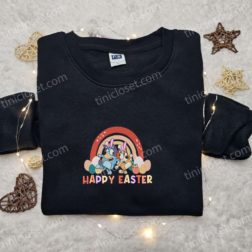 Colorful Bluey and Bingo Easter Shirt & Hoodie: Perfect Thanksgiving Gift Idea with Rainbow Cartoon Embroidery