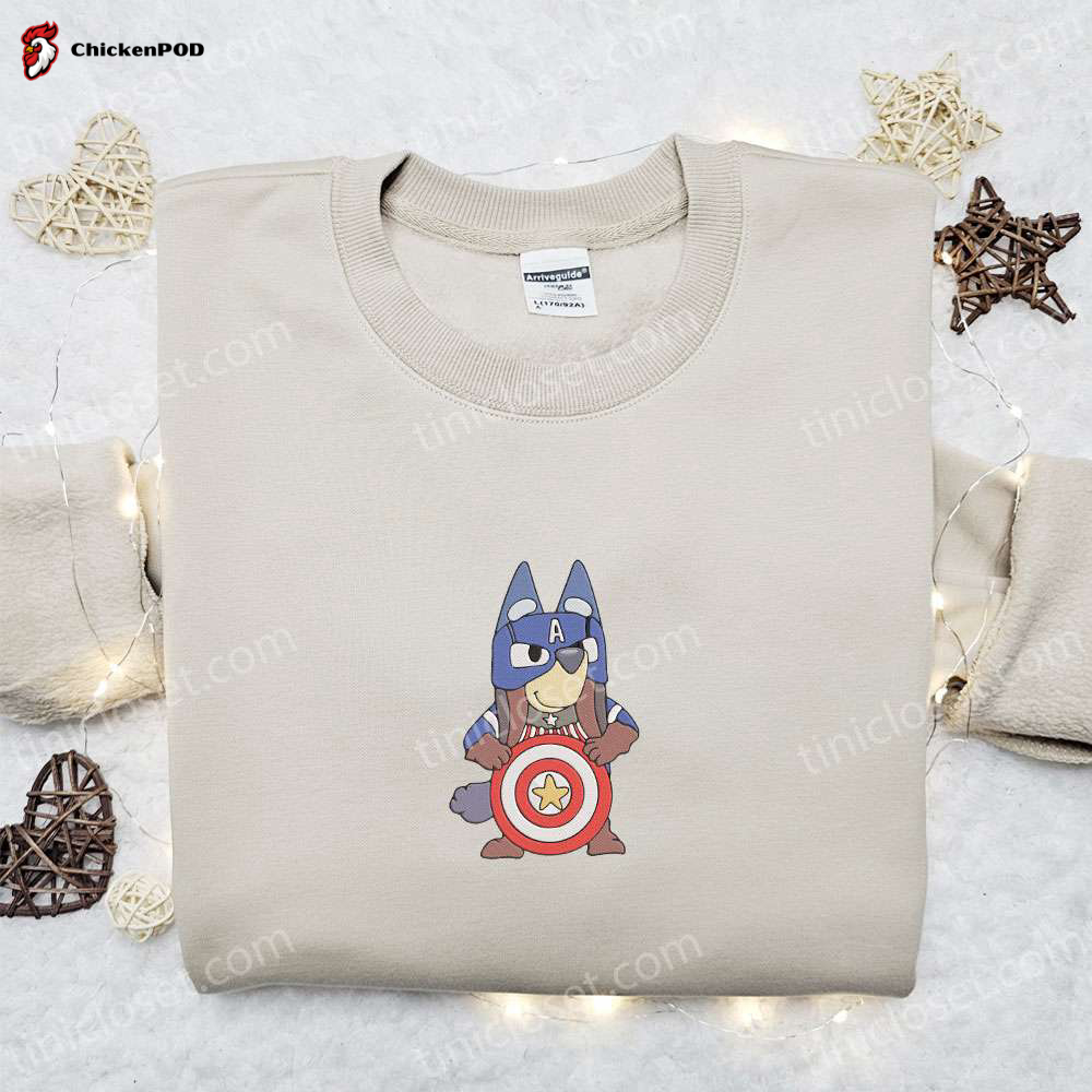 Bluey Captain America Embroidered Shirt & Hoodie: Marvel Team Best Gift Idea