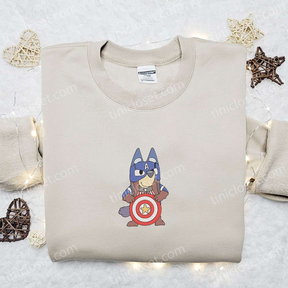 Bluey Captain America Embroidered Shirt & Hoodie: Marvel Team Best Gift Idea