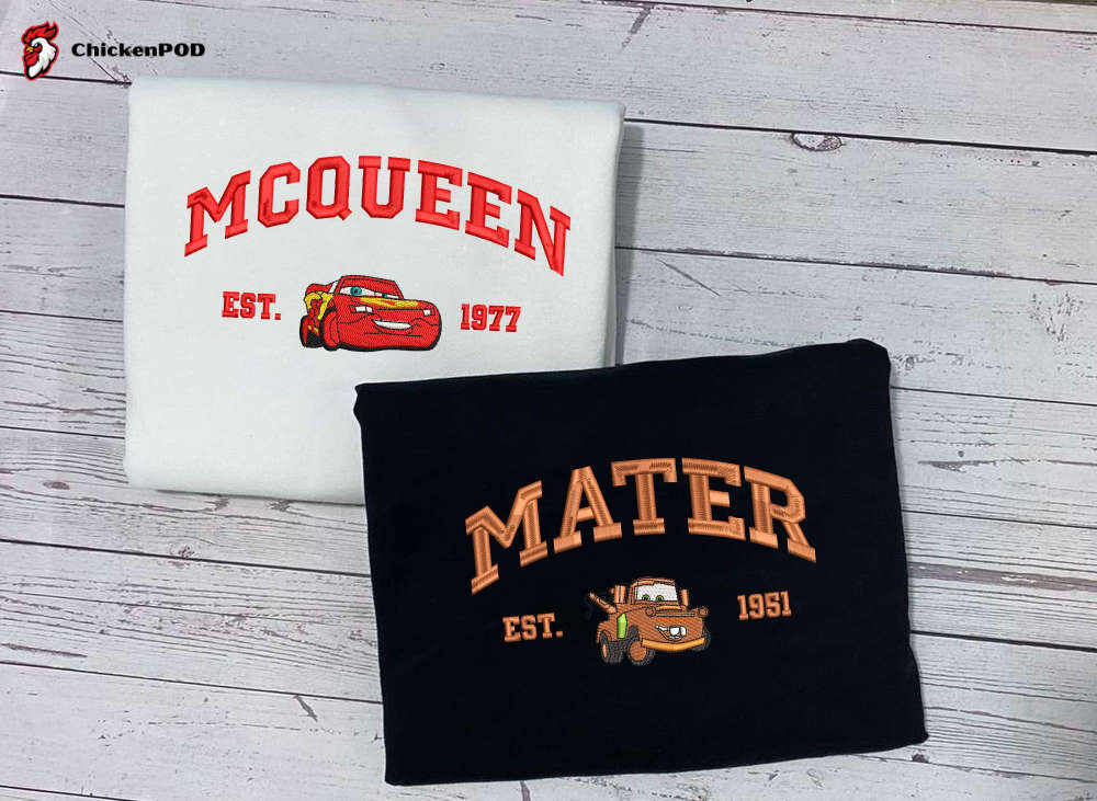 Cars Mcqueen x Mater x Sally Embroidered Sweatshirt: Trending Cartoon Couple Christmas Crewneck Gift