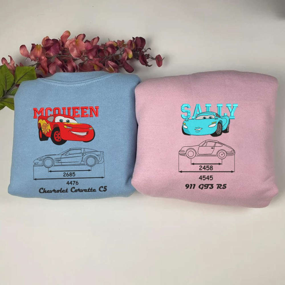 Cars Mcqueen x Sally Embroidered Sweatshirt: Trending Cartoon Couple Christmas Crewneck Gift for Him