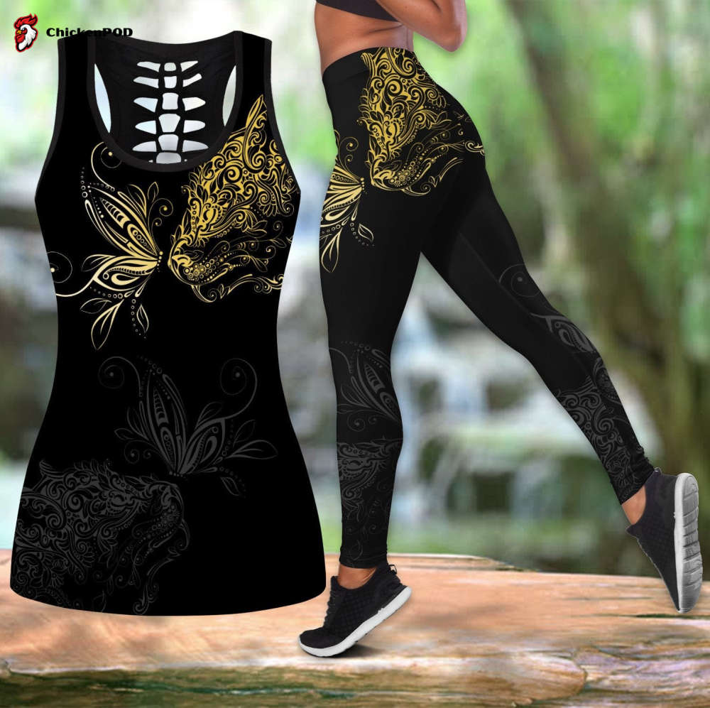 Cat & Butterfly tattoos combo outfit legging + hollow tank For Women Sport Gifts PL