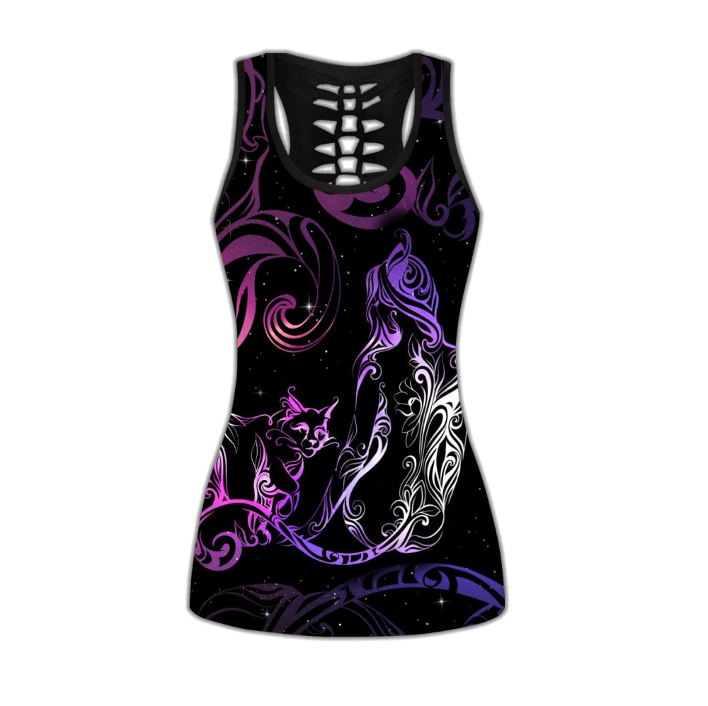 Cat & Girl tattoos combo outfit legging + hollow tank For Women Sport Gifts PL