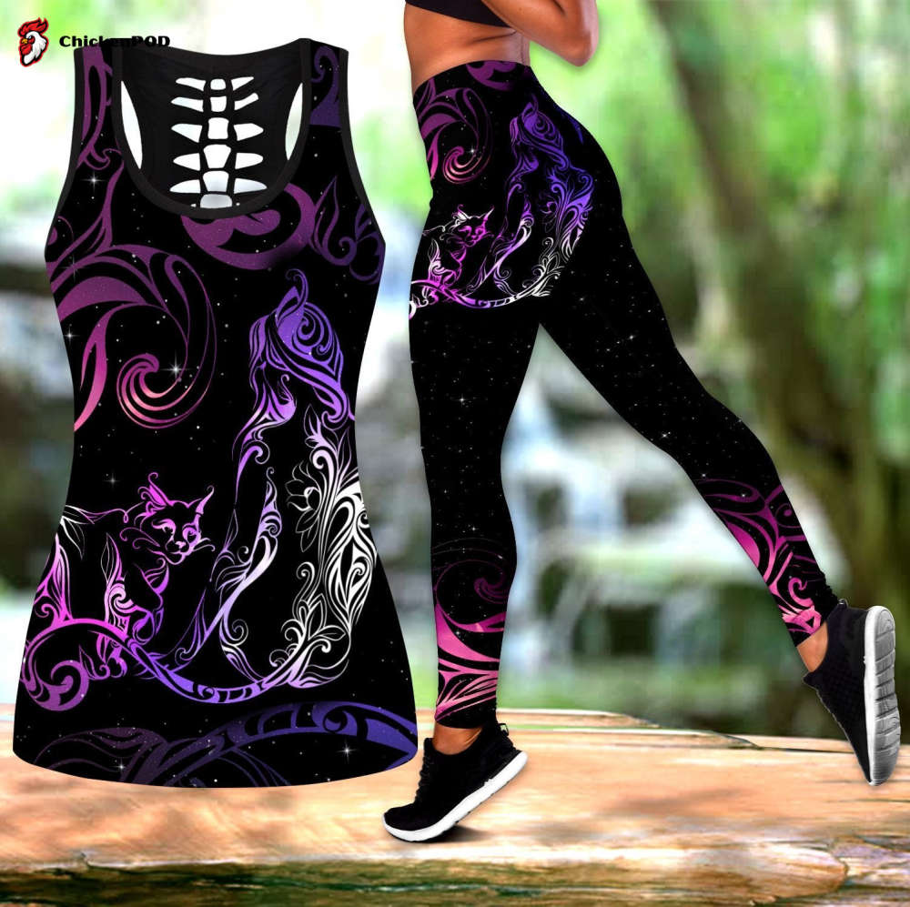 Cat & Girl tattoos combo outfit legging + hollow tank For Women Sport Gifts PL