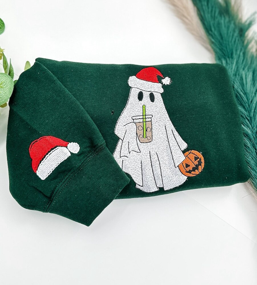 Christmas Ghost Iced-Coffee Sweatshirt: Embroidered Crewneck Jumper & Hoodie – Retro Xmas Gift