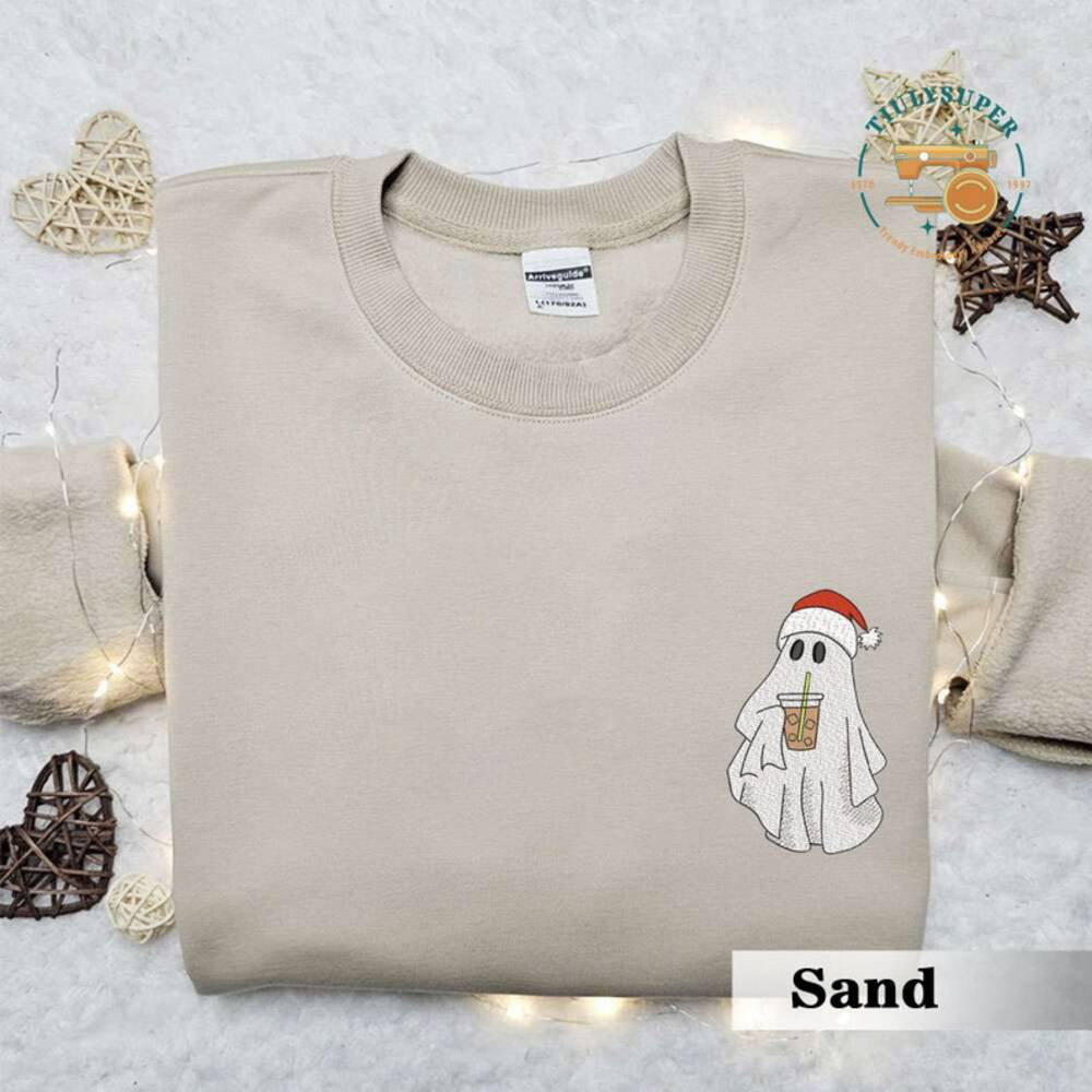 Cute Christmas Ghost Embroidered Sweatshirt: Perfect Coffee Lovers Gift with Ice Coffee – Limited Edition!