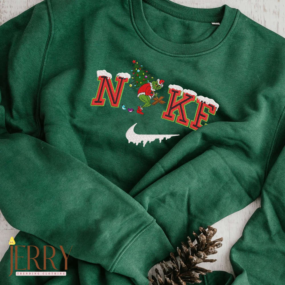 Get Festive with Christmas Grinch Nike Embroidered Sweatshirt – Perfect Grinch Shirt for the Holidays!