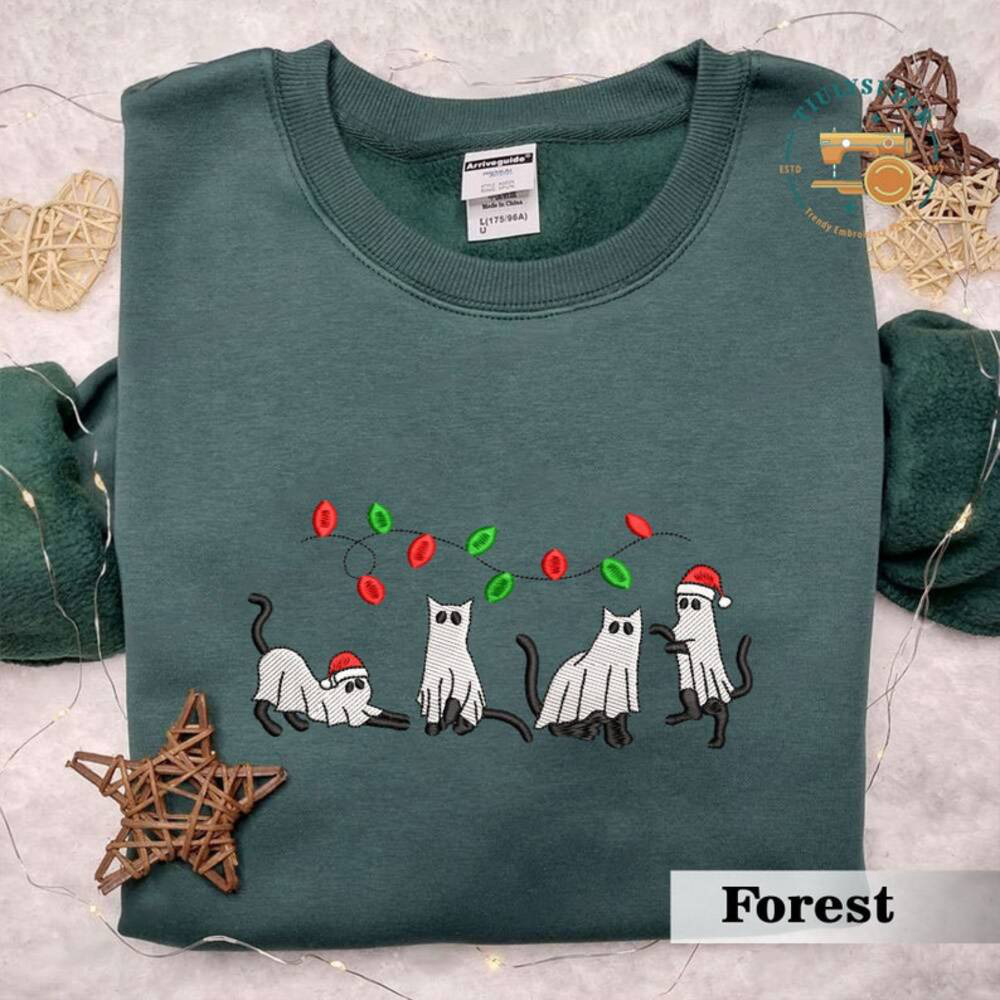 Christmas Spooky Cat Embroidered Sweater – Festive Season Sweatshirt Ghost Shirt