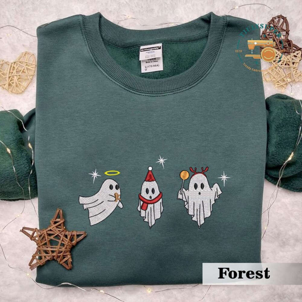 Christmas Spooky Cat Embroidered Sweater – Festive Season Sweatshirt Ghost Shirt